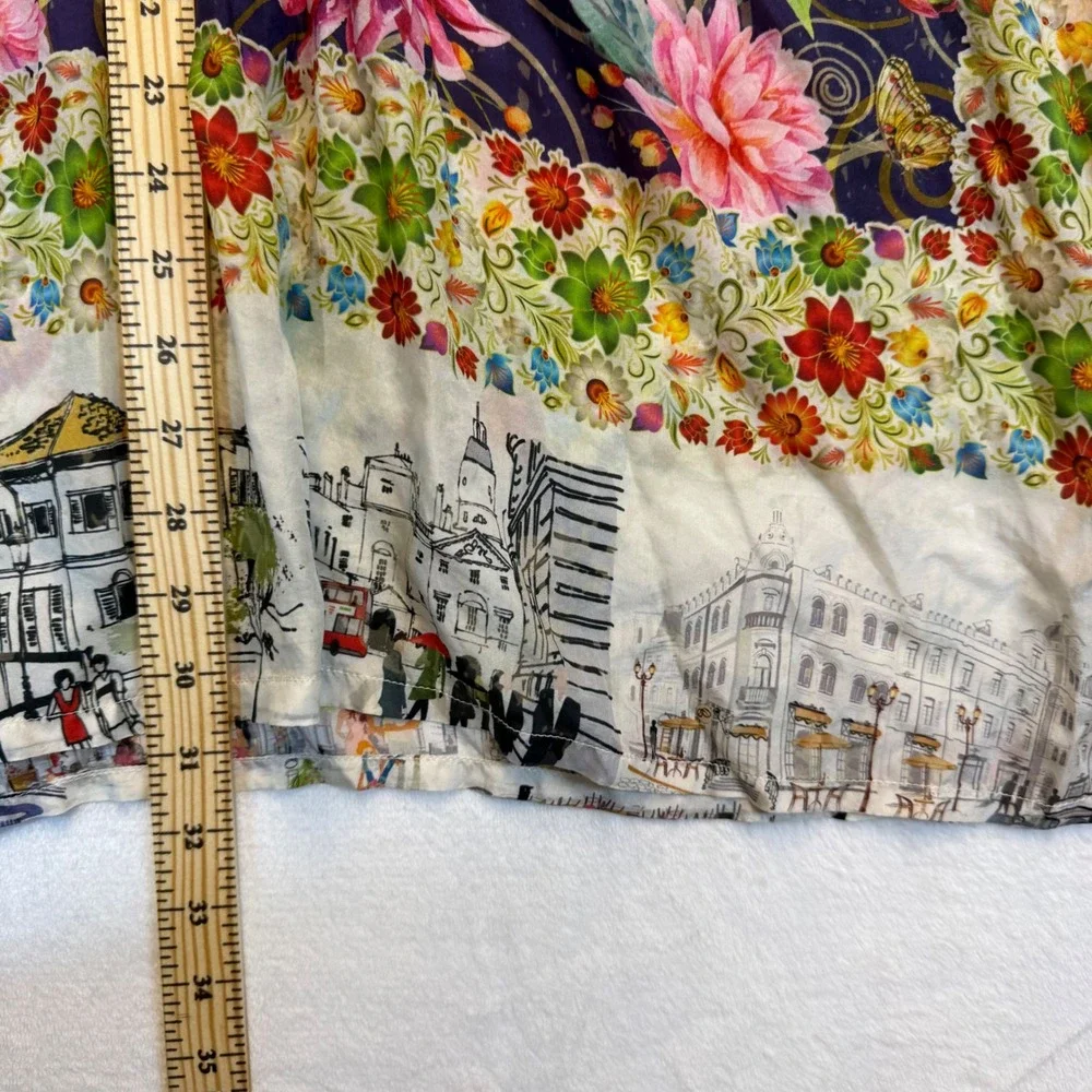 Johnny Was Silk Butterfly Cityscape Tunic Blouse XL Boho Embroidered Split Neck - Picture 4 of 7